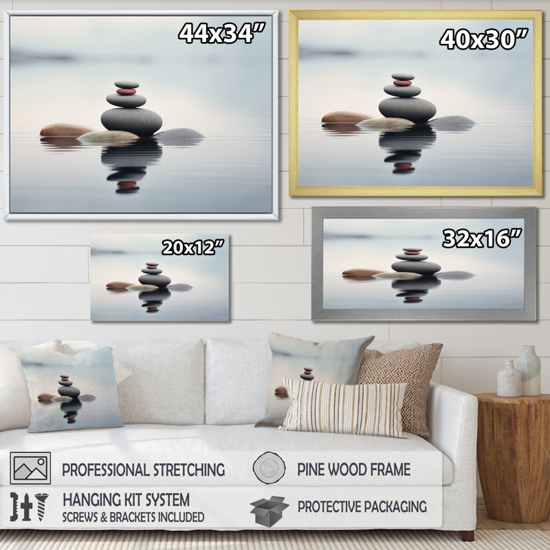 Blue Zen Serenity of Spiritual Stones in Water IV - Art mural en pierre spirituel pour le salon, Toile tendue