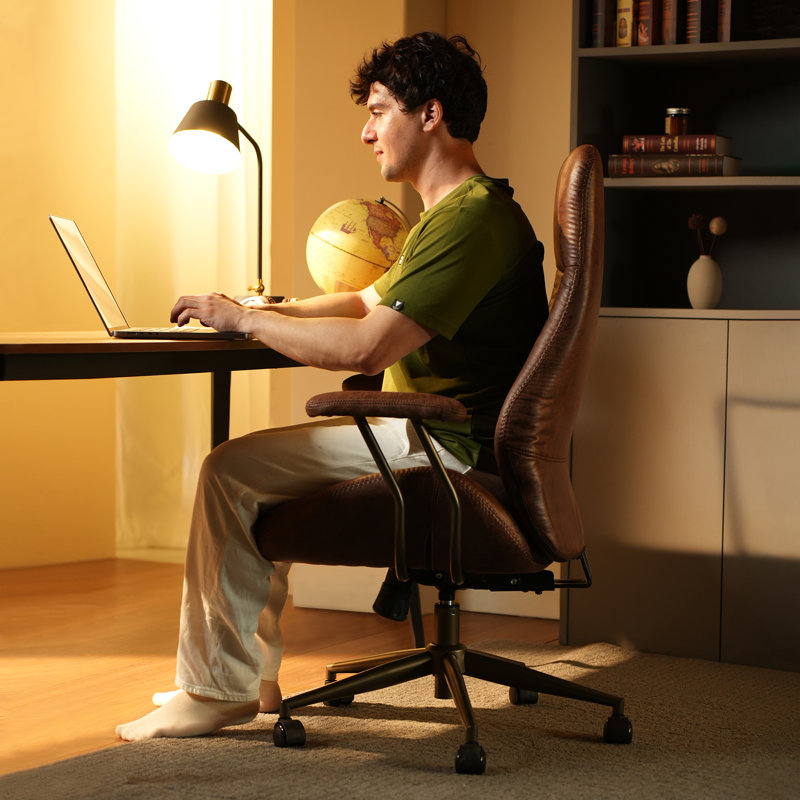 Daden Ergonomic Office Chair, Mid-century Modern Suede Chair With Lumbar Support, High Back Swivel Rolling Executive Chair, Comfy Task Computer Desk Chair