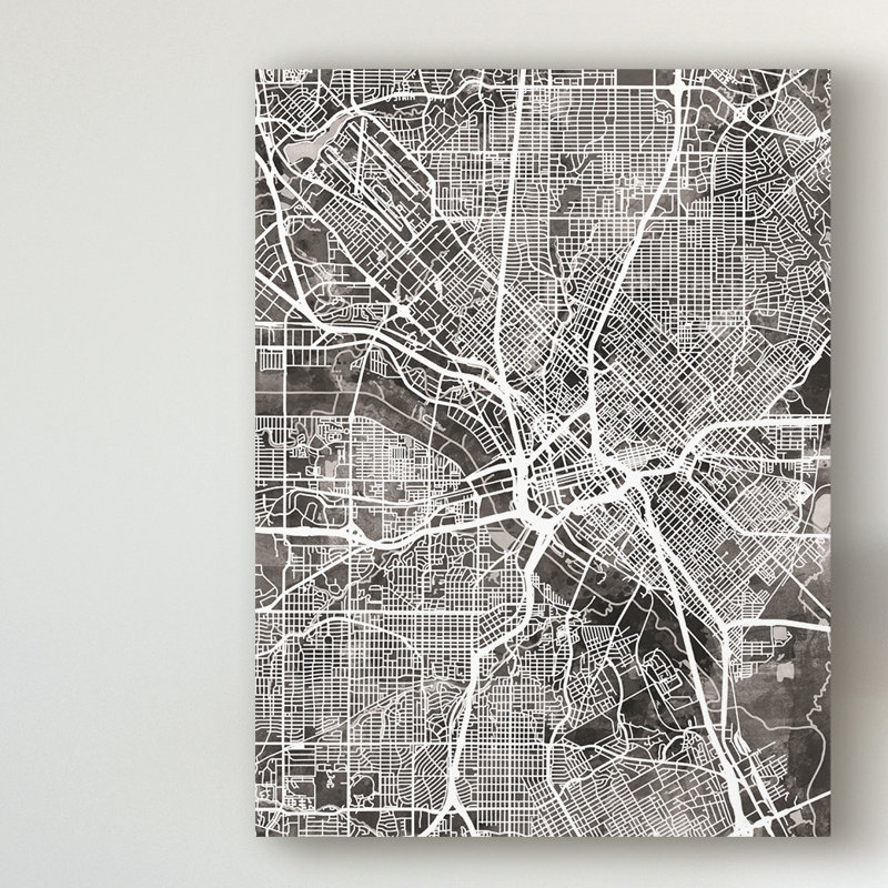 « dallas texas city map black », impression sur toile tendue, H 19 po x l 14 po x P 2 po