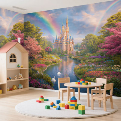 Papier peint adhésif auto-adhésif pour la chambre à coucher Château de Rainbow Cherry Blossoms Serene River Fantasy