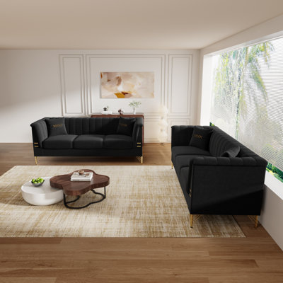 FX-P82-2PC SOFA -BK3  Black Velvet Sofa Set Of 2, Two Modern 3-Seater Sofas With Plush Cushions & Gold-Tone Metal Legs  Stylish Living Room Couch Set For Homes, Apartments, And Guest Areas