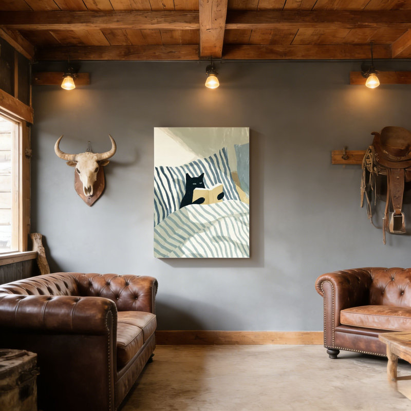 Chat lisant dans son lit, art mural encadré en bois à l'arrière, 30 L x 20 l