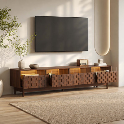 78.7 Inch Woven Panel Drawer TV Stand with LED Light & Cable Holes, Modern Low Profile Entertainment Console Fits Up to 85 Inch TV for Living Room & Bedroom