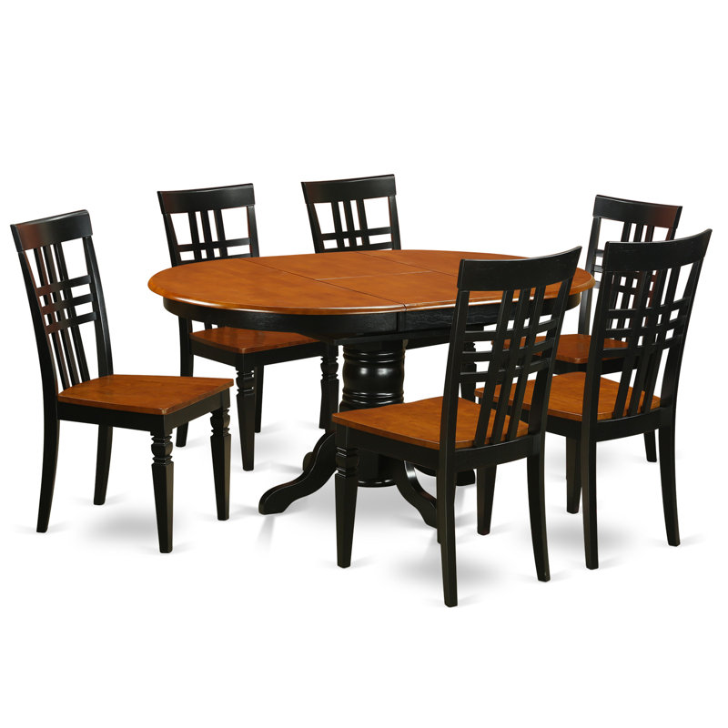 7 Piece Kitchen Table & Chairs Set Consist of an Oval Dining Room Table with Butterfly Leaf and 6 Solid Wood Seat Chairs, Black & Cherry