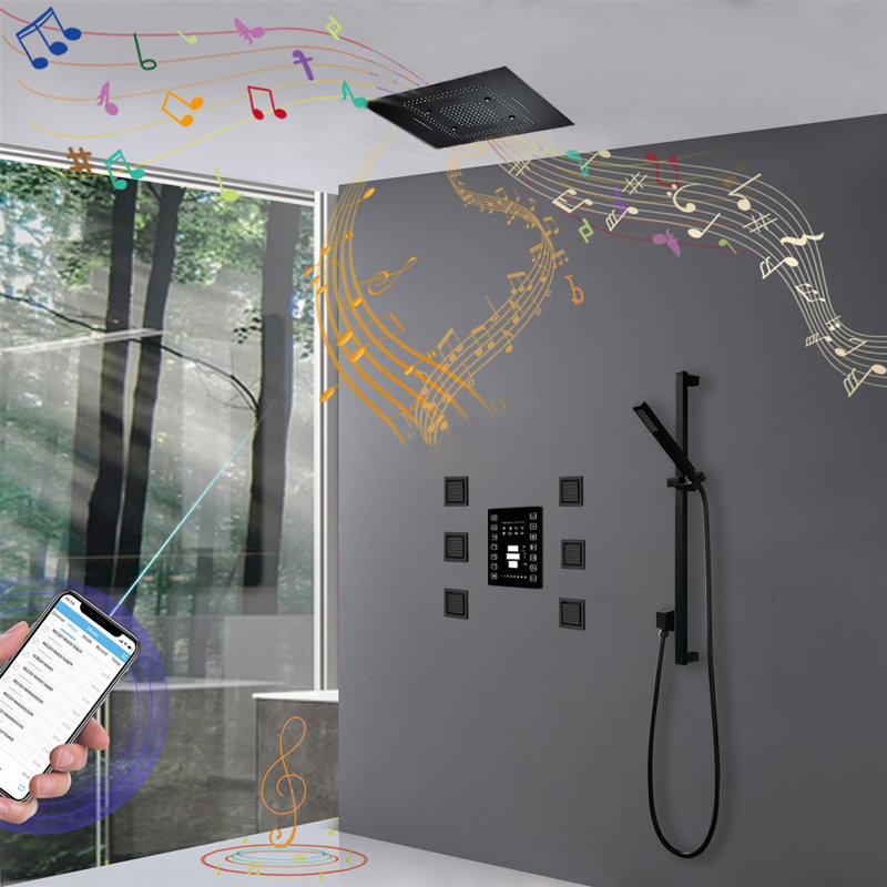 Livorno 23x31 Matte Black Remote Controlled LED Thermostatic Shower System with Music Rainfall