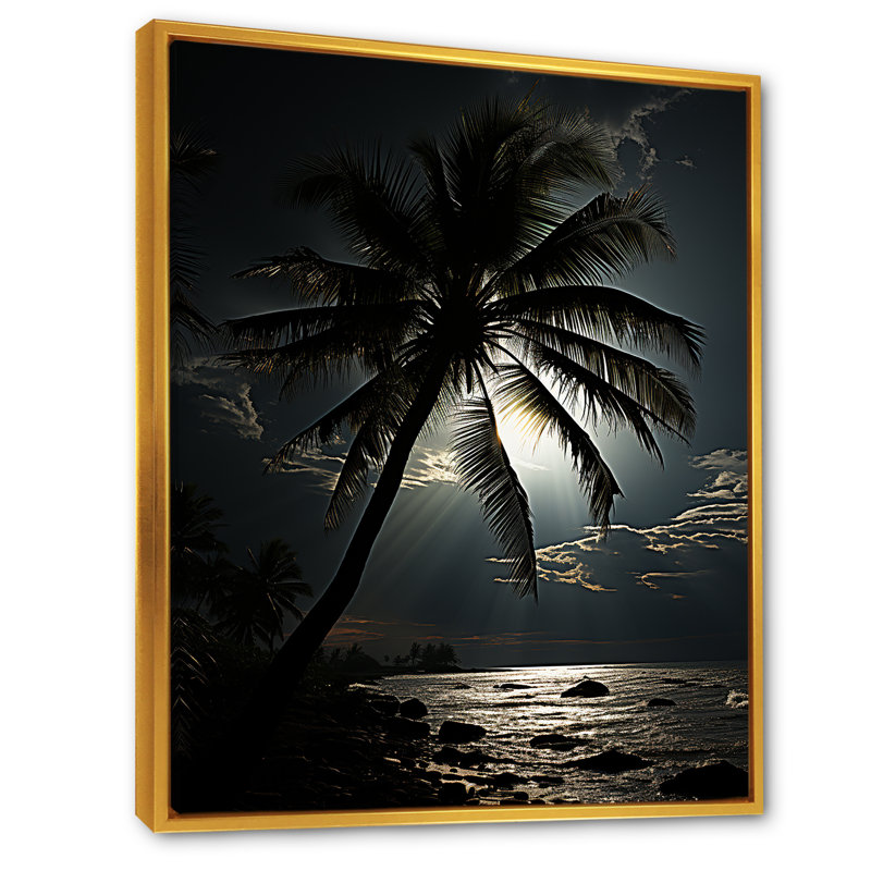 Palmier au clair de lune ébène sur toile, H 40 po x l 30 po x P 1,5 po, Cadre flottant doré