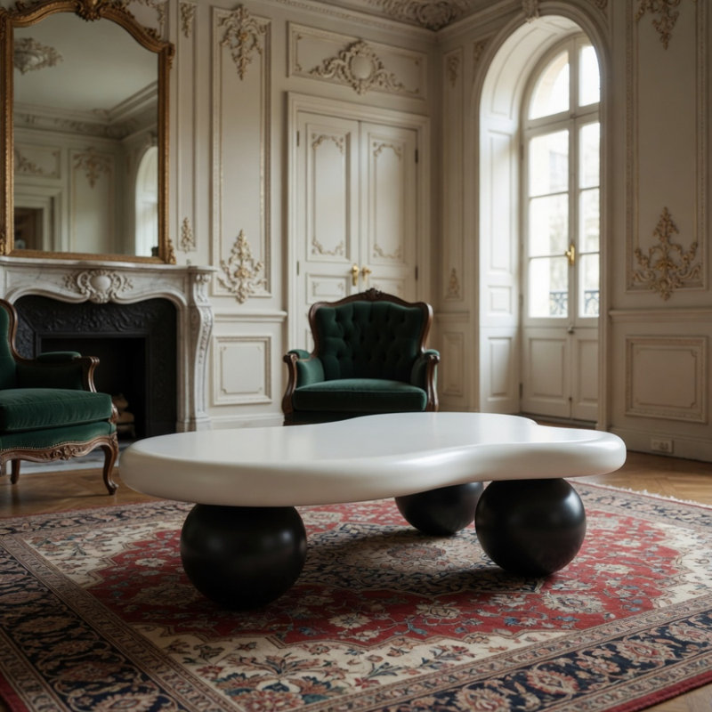 Table basse de 40 pouces en forme de nuage avec 3 pieds sphériques pour le salon, pieds blancs et pieds noirs, Crème/noir