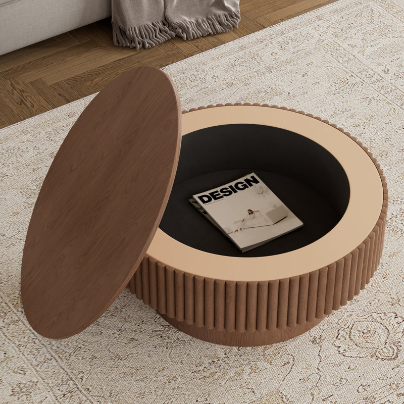 Table basse ronde avec rangement, Naturel, H 14 po x l 31,5 po x P 31,5 po