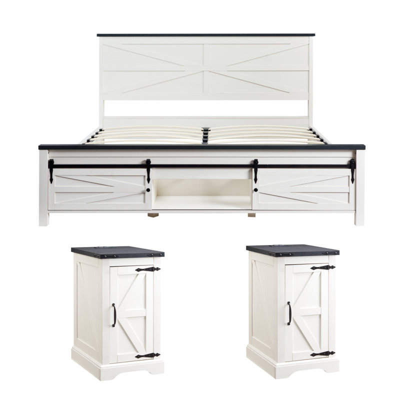 Ensemble de chambre à coucher 3 pièces avec cadre de lit et 2 tables de chevet, Blanc