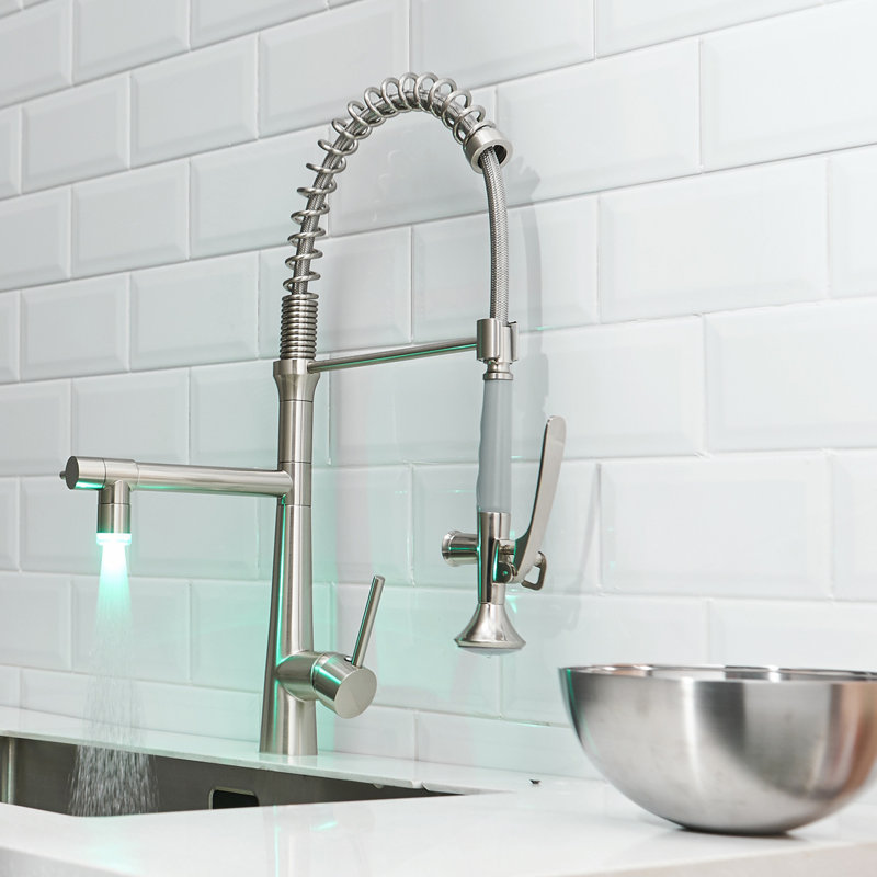Heavy Duty Commercial Style Ledkitchen Sink Faucet, Single Handle Pre-Rinse Spring Sprayer Kitchen Faucets, High Arc Pull Down Brushed Nickel Kitchen Faucet