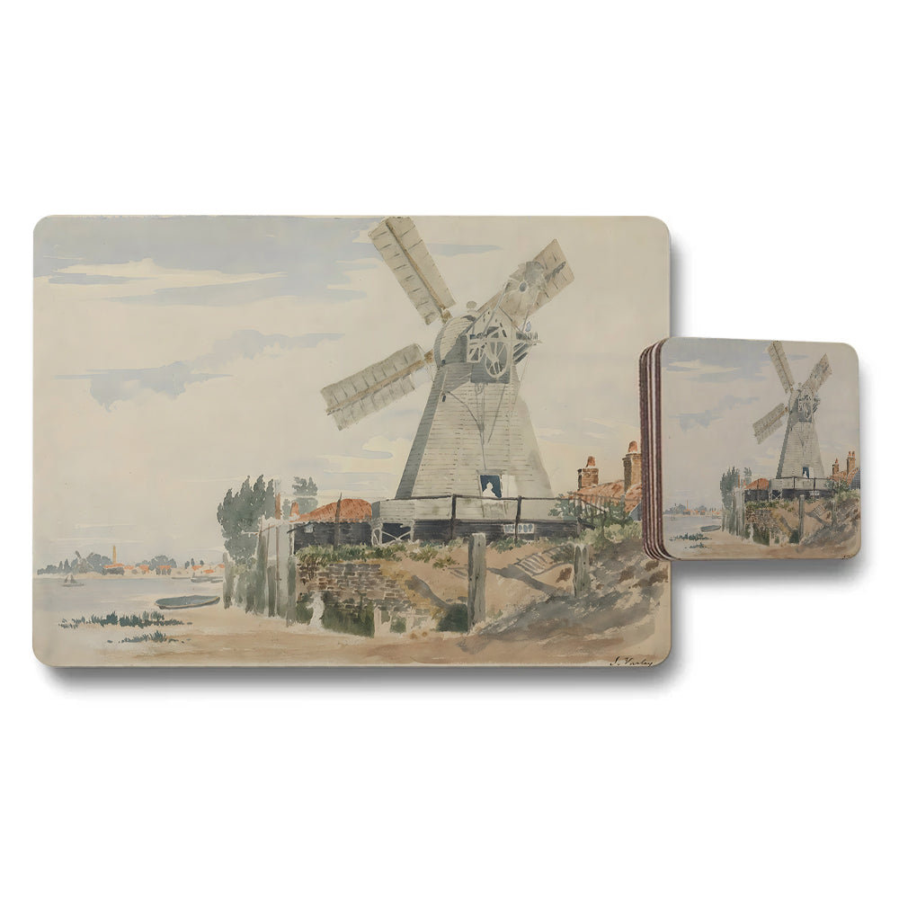 Vintage Windmill Placemat And Coaster Set With Coastal Scene