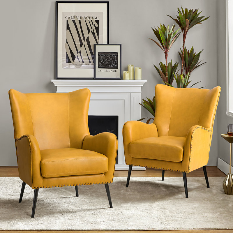 Fauteuil à oreilles 30 po Ebbert, Cuir végétalien jaune