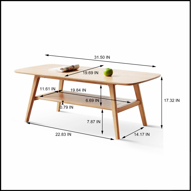 Table basse en bois massif avec tablette de rangement, facile à monter, chêne naturel, idéale pour le travail et les études à domicile, 80 x 50 x 44 cm