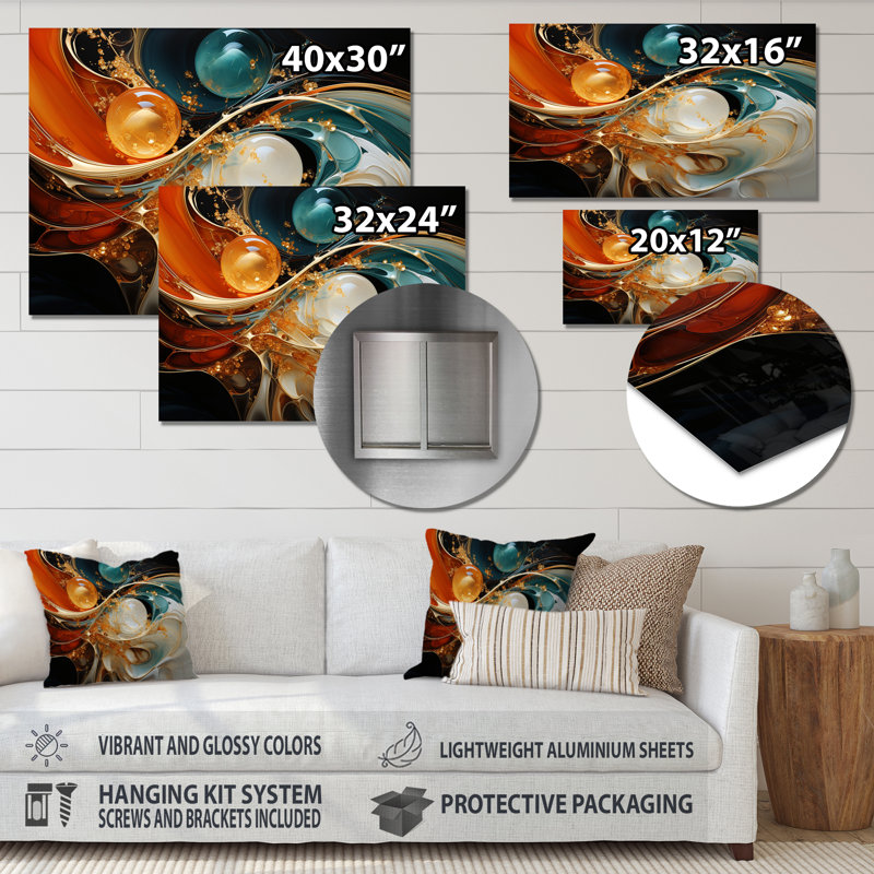 Orange orange et marbre émeraude lave III - art mural abstrait en métal MT137168, H 24 po x l 32 po x P 1 po