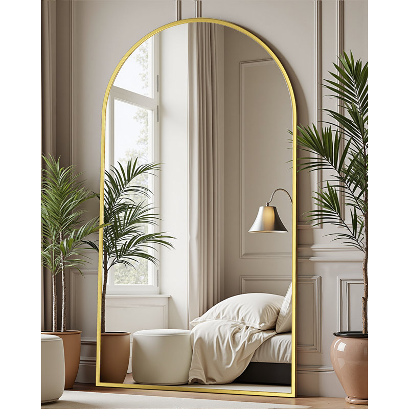 Arched Black Floor Mirror With Stand, 38x77 Inch Freestanding Full Body Mirror For Bedroom, Gold, 76" x 44"