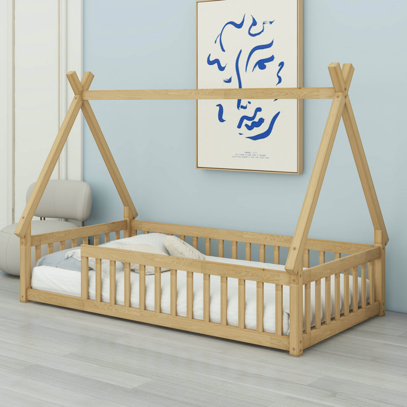 Lit simple en bois en forme de tente avec garde-corps, Naturel
