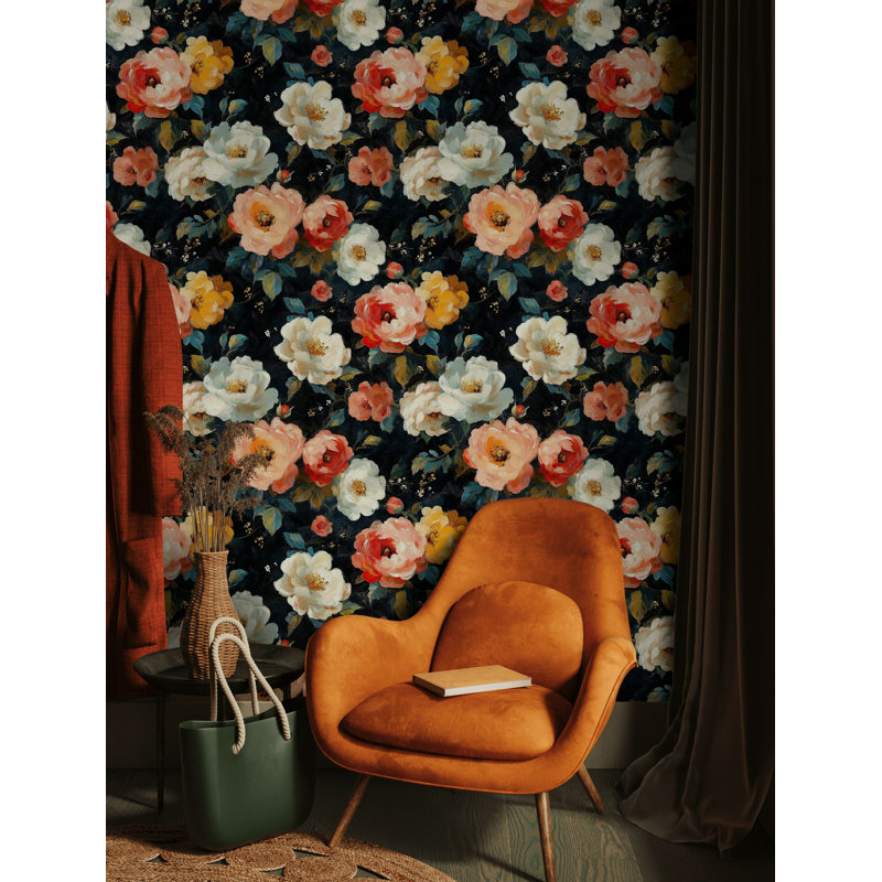 Papier peint peint à la pivoine foncée à motif floral peler et coller foncé, art mural audacieux et luxueux