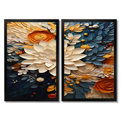 «Orange Teal Botanical Whirlwind - Abstract Botanicals», art mural encadré abstrait orange, ensemble de 2