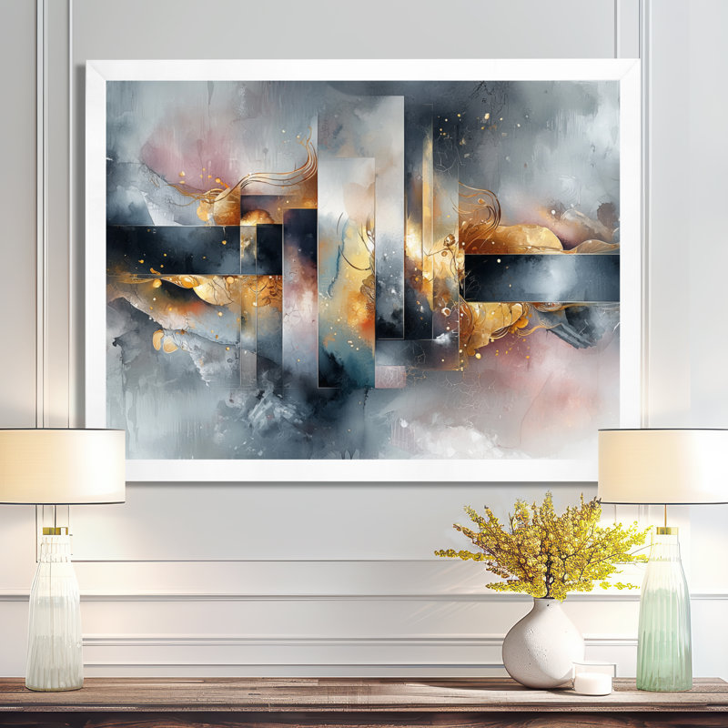 «Geometric Ink Pulse III - Constructivism», art mural, Cadre simple, H 12 po x l 20 po, Blanc