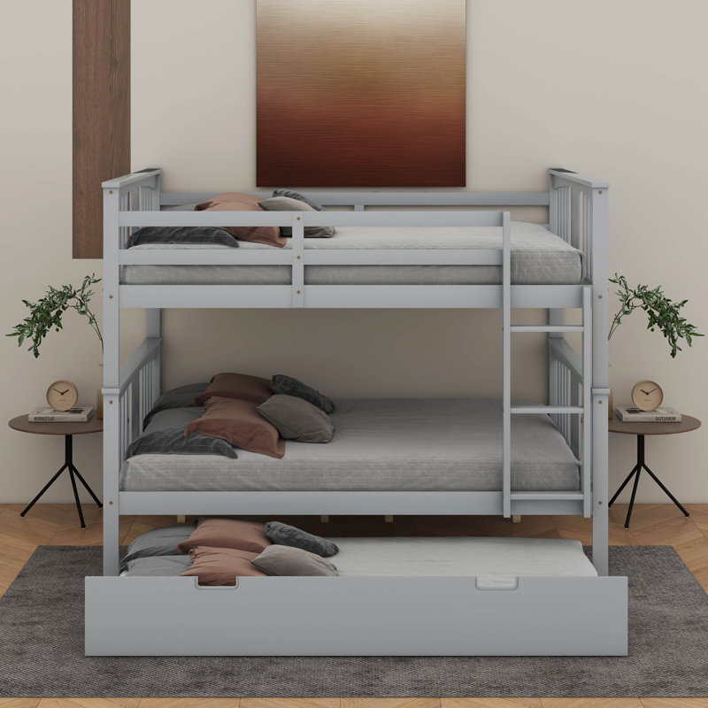 Full Over Full Bunk Bed With Twin Size Trundle And Ladder, Gray