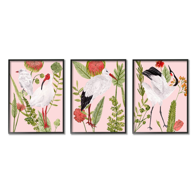 «Crane Bird», botanique rose, ensemble de 3 estampes par Melissa Wang, H 20 po x l 48 po x P 1,5 po
