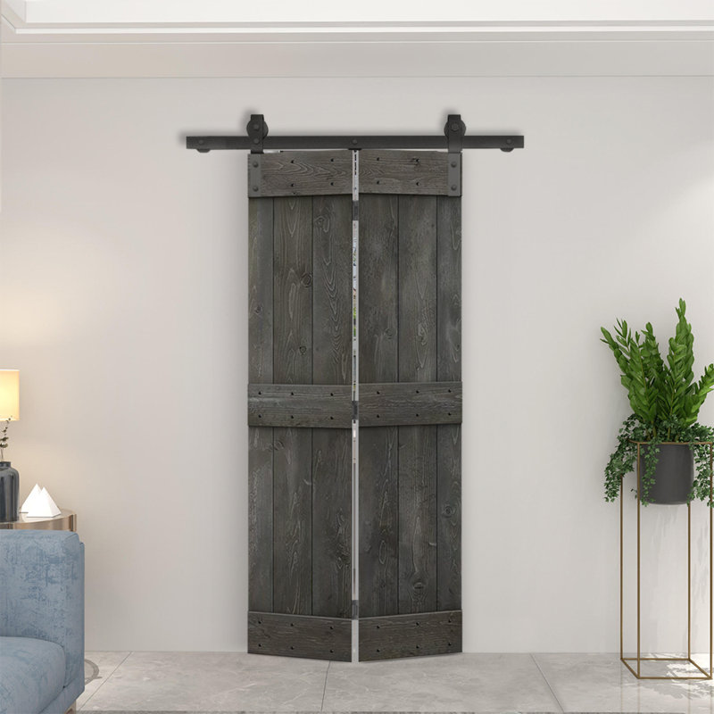 Porte de grange pliante en bois DIY avec ensemble de quincaillerie coulissante, 36 po x 84 po, Gris carbone