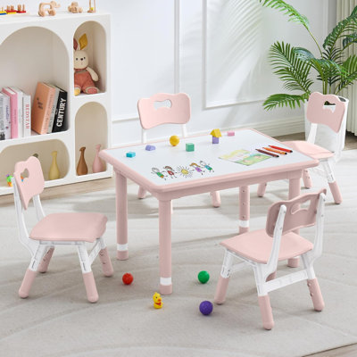 Kids Table and 4 Chairs Set, Height Adjustable (17.7"-26.1") Toddler Table and Chair Set, Multi-Activity Table with Graffiti Desktop, Children’s Table