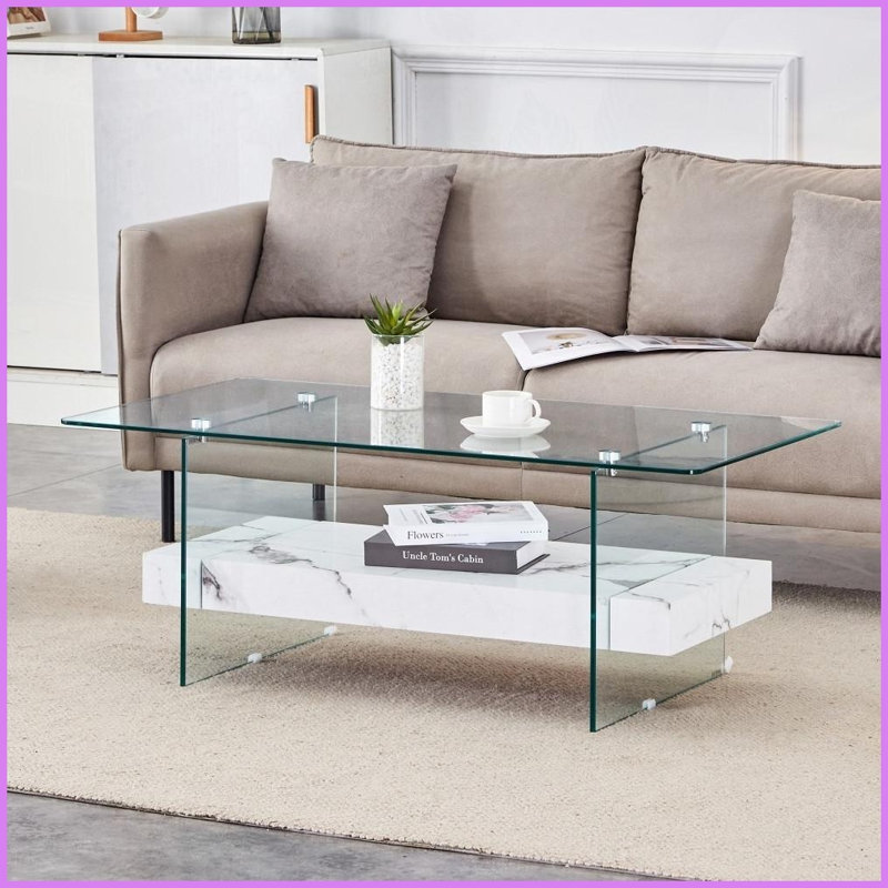 Table basse 43,3 pouces à double couche en verre trempé - 4 finitions décoratives, facile à assembler et amp; Style flottant peu encombrant