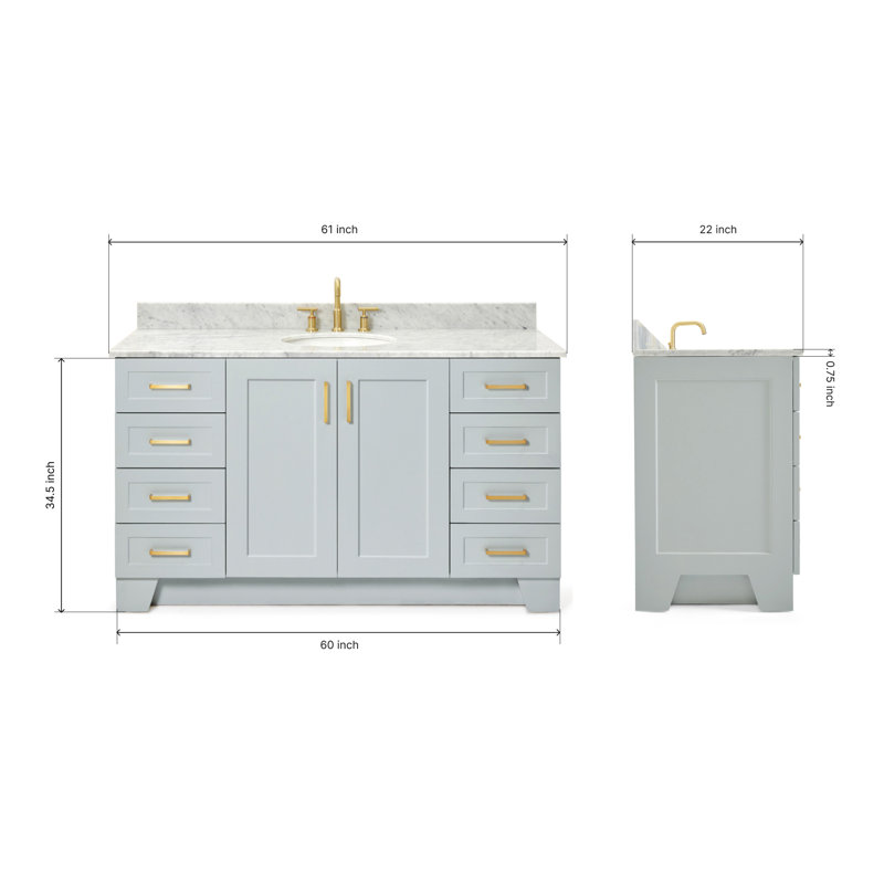 ARIEL TAYLOR 61 IN SINGLE RECTANGLE SINK VANITY, Gray, Oval, 60 Single Central