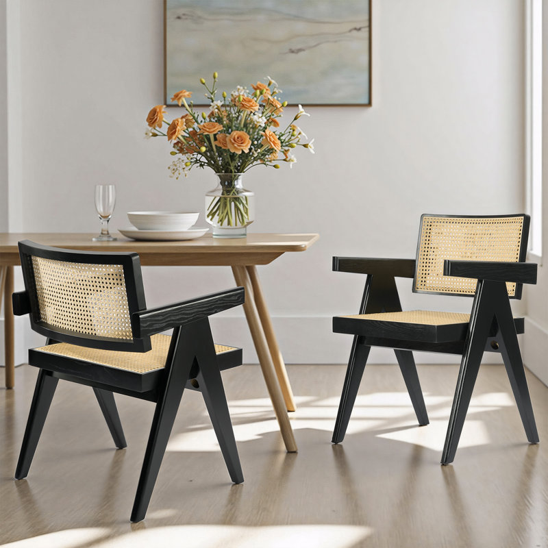 Solid  Retro Wood Rattan Dining Chairs Reinforced Seat (Set of 2), Black