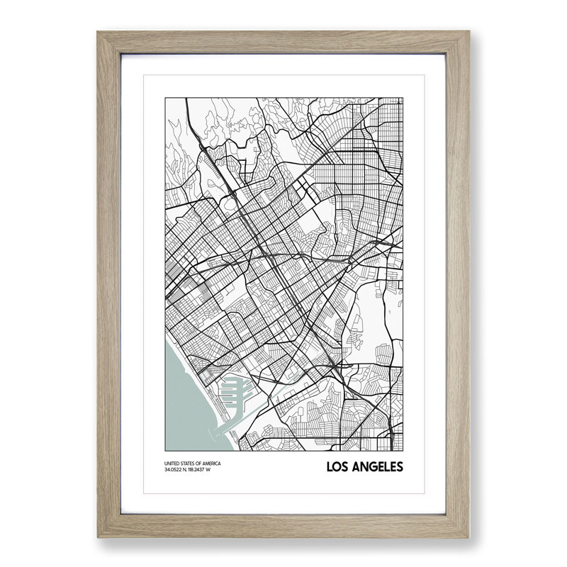 Map Los Angeles USA - Picture Frame Graphic Art, 36cm H x 27cm W x 2cm D, Oak