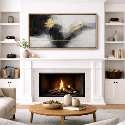 Composition abstraite noire et dorée, coups de pinceau audacieux sur fond neutre, décor moderne contemporain, impression sur toile encadrée, impression numérique