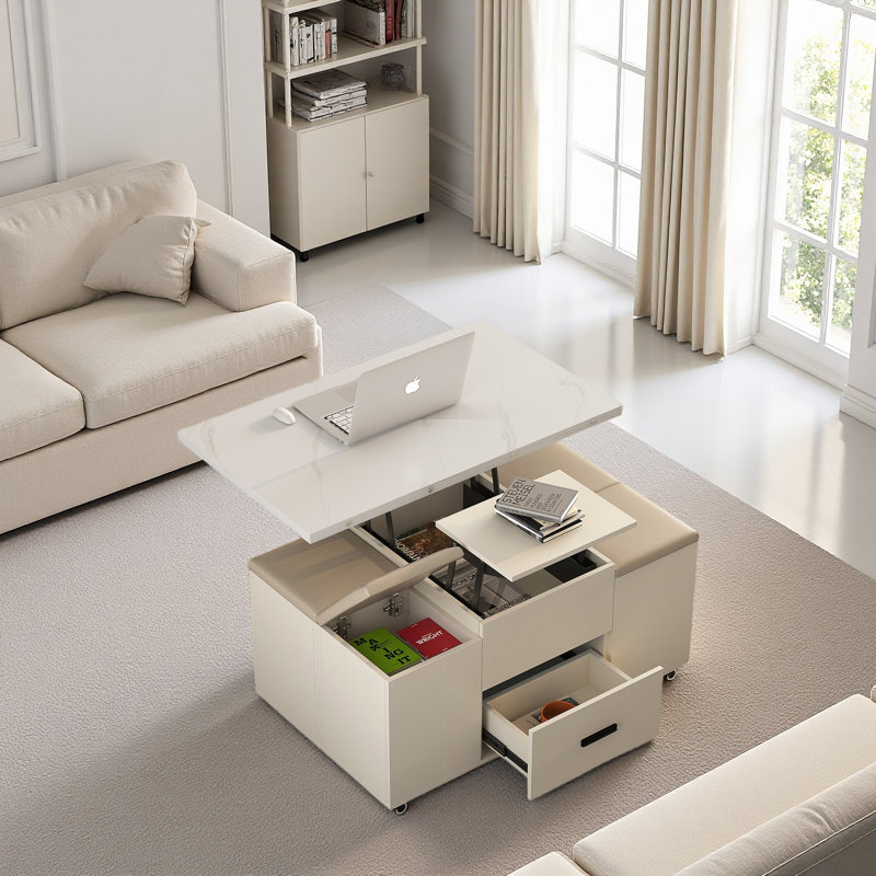 Table basse relevable moderne avec 4 tabourets pour le salon 1 rangement caché extensible + 2 tiroirs, Jaune clair