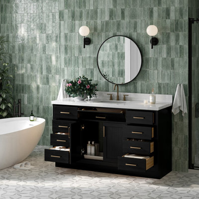 Meuble-lavabo simple en bois massif Tidworth avec plateau en quartz blanc de 1,5 po