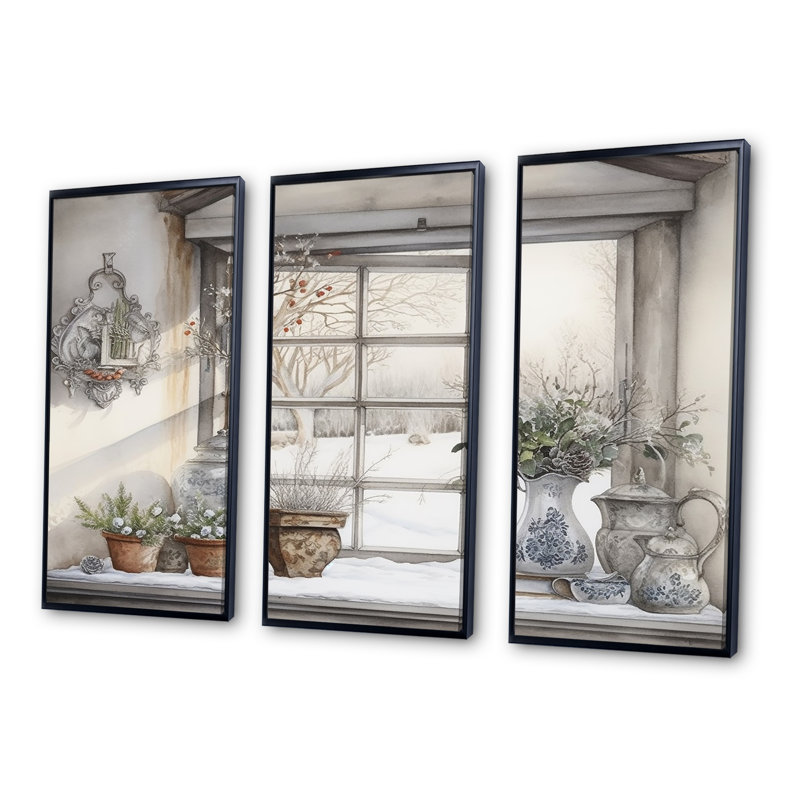 Windows Scandinavian Winter Charm - Scandinavian Wall Art Print Set, Black Floater Framed, 40" H x 60" W x 1" D