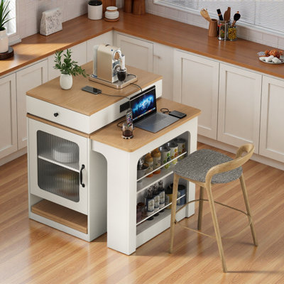 Îlot de cuisine avec table de salle à manger extensible, rangement double face, 2 tiroirs, prise de courant et tablettes latérales ouvertes
