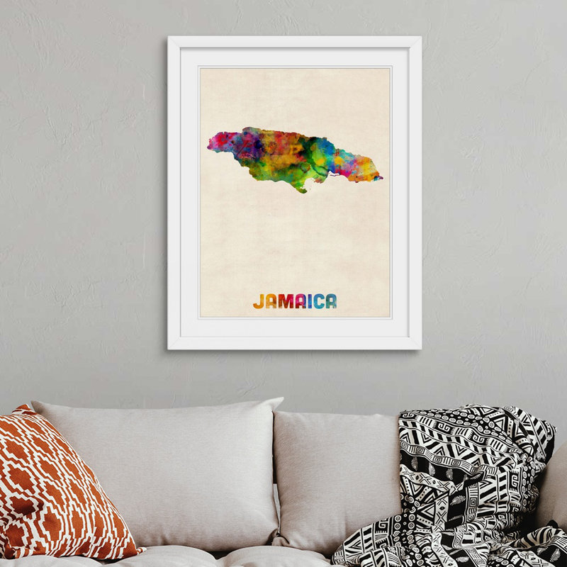 «Abarca Jamaïque Watercolor Map» par Michael Tompsett - reproduction, Cadre blanc, H 24 po x l 20 po x P 1 po