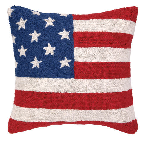 Patriotic American Flag Hand-Hooked Wool Throw Pillow