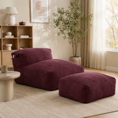 Wine‑red reclining‑style bean bag chair equipped with footstool soft corduroy memory foam liner for home relaxation of bedroom living‑room balcony