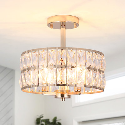 Lustre 3 lumières semi-encastré avec abat-jour tambour en cristal 3 lumières