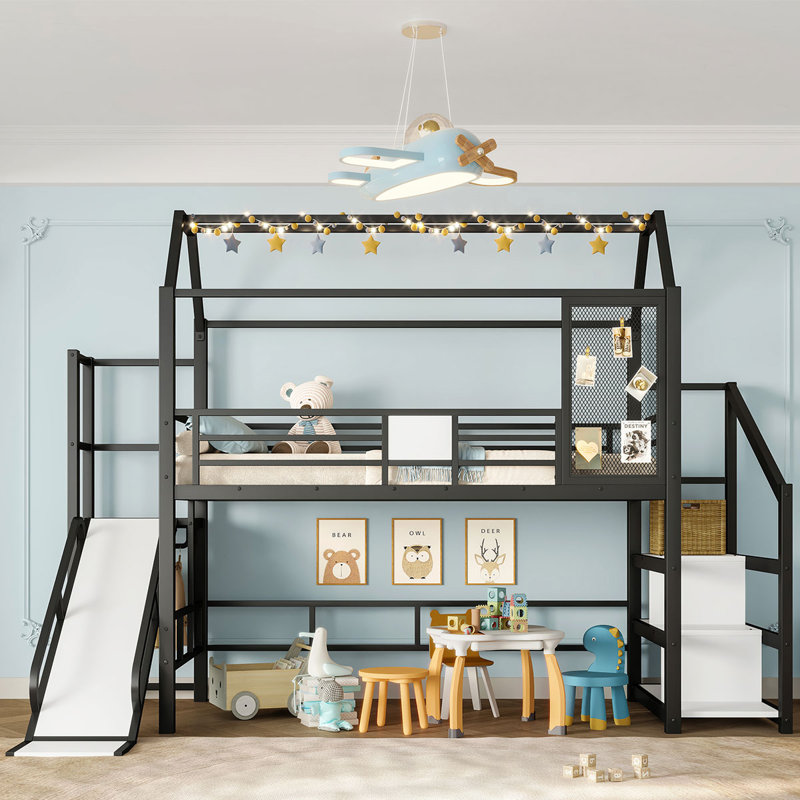 Lit mezzanine en métal avec glissade et escalier, structure silencieuse et tablettes de rangement avec toit de maison de jeu