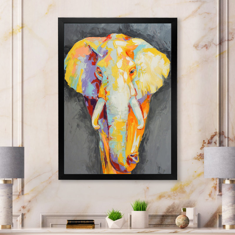 Peinture, portrait d'éléphant II - œuvre d'art moderne sur toile, H 12 po x l 8 po x P 1 po, Toile avec cadre photo noir