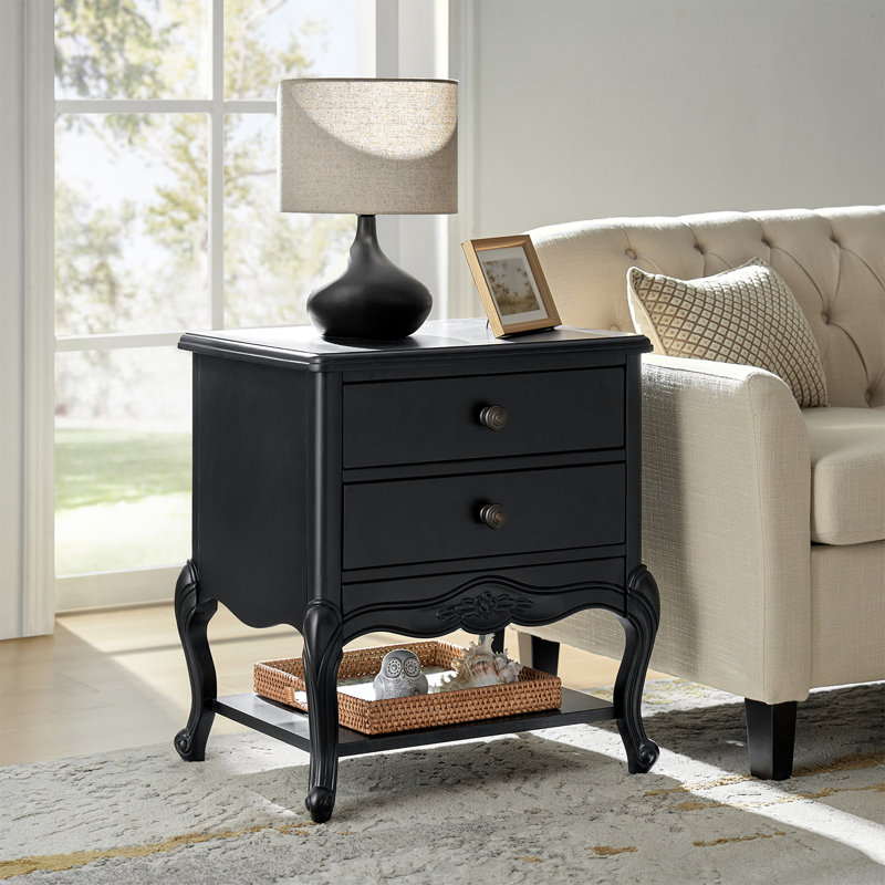 Evars 24” W Traditional 3-Drawer End Table With Hidden Drawer and Charging Station, Charcoal