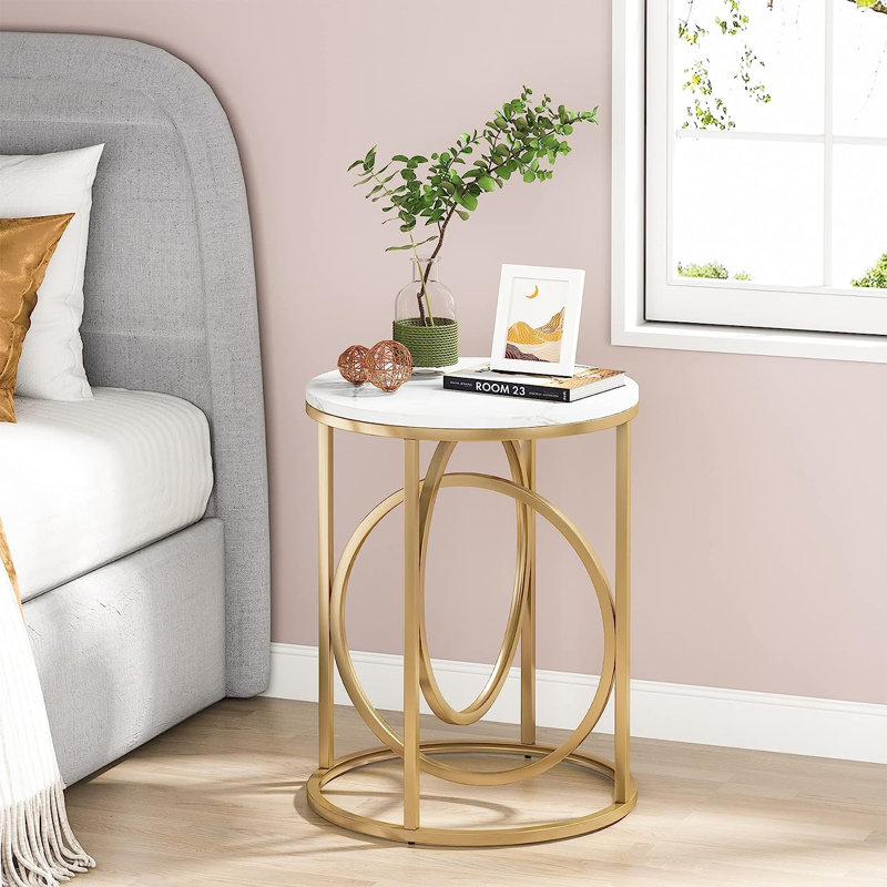 Graford Modern Round End Table, Faux Marble Sofa Side Table, Coffee Table Cocktail Table