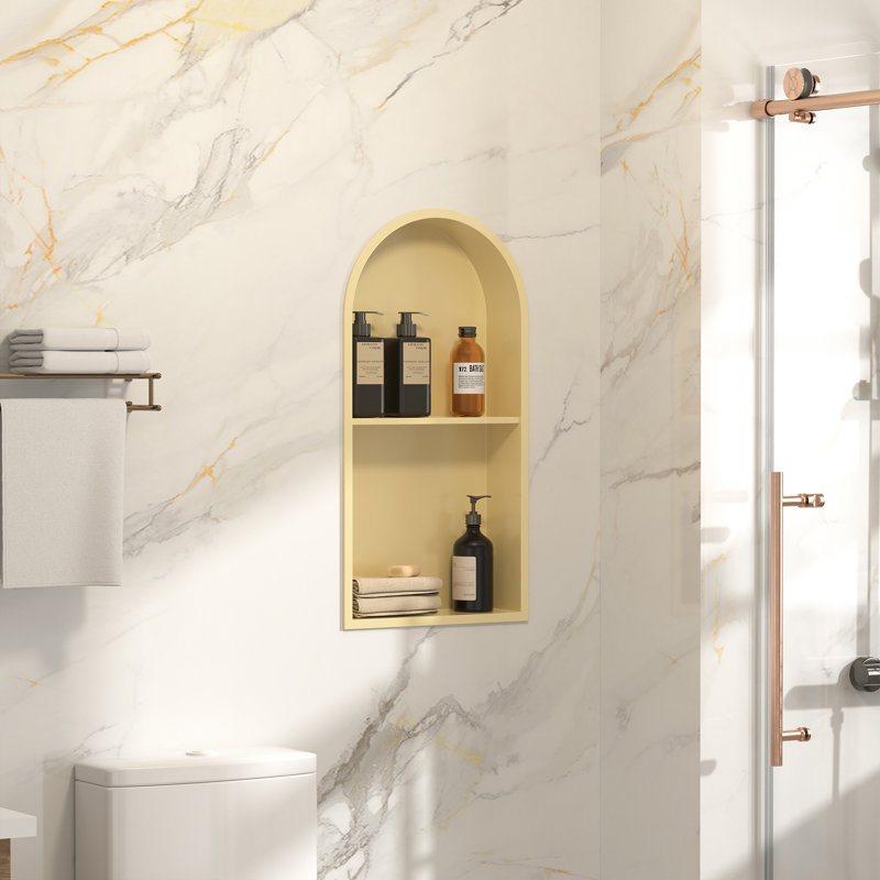 Niche de douche arquée 12 "x 24" en acier inoxydable avec tablettes doubles, Matte Gold