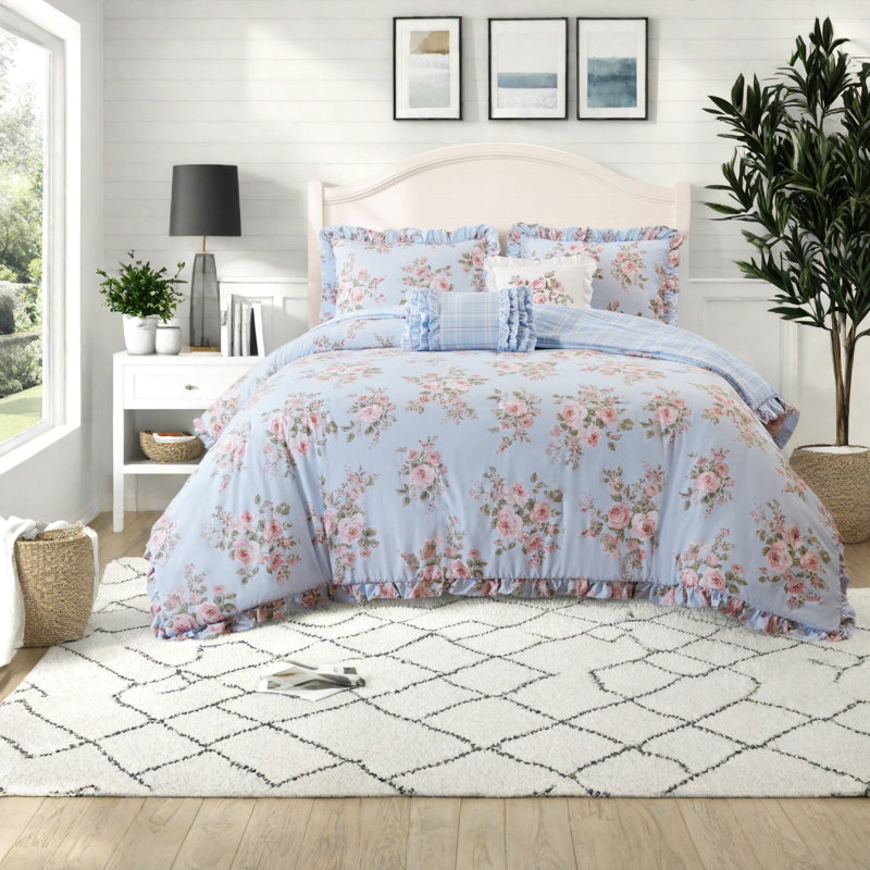 De literie pour très grand lit, édredon en microfibre à motif floral bleu