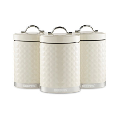 GEEPAS Argyle 3-Piece Tea Coffee Sugar Canisters Set | 1.3L Airtight Durable Carbon Steel Material Lids & Body | Kitchen Storage Canisters Keeps Contents Fresh Aromatic & Flavourful