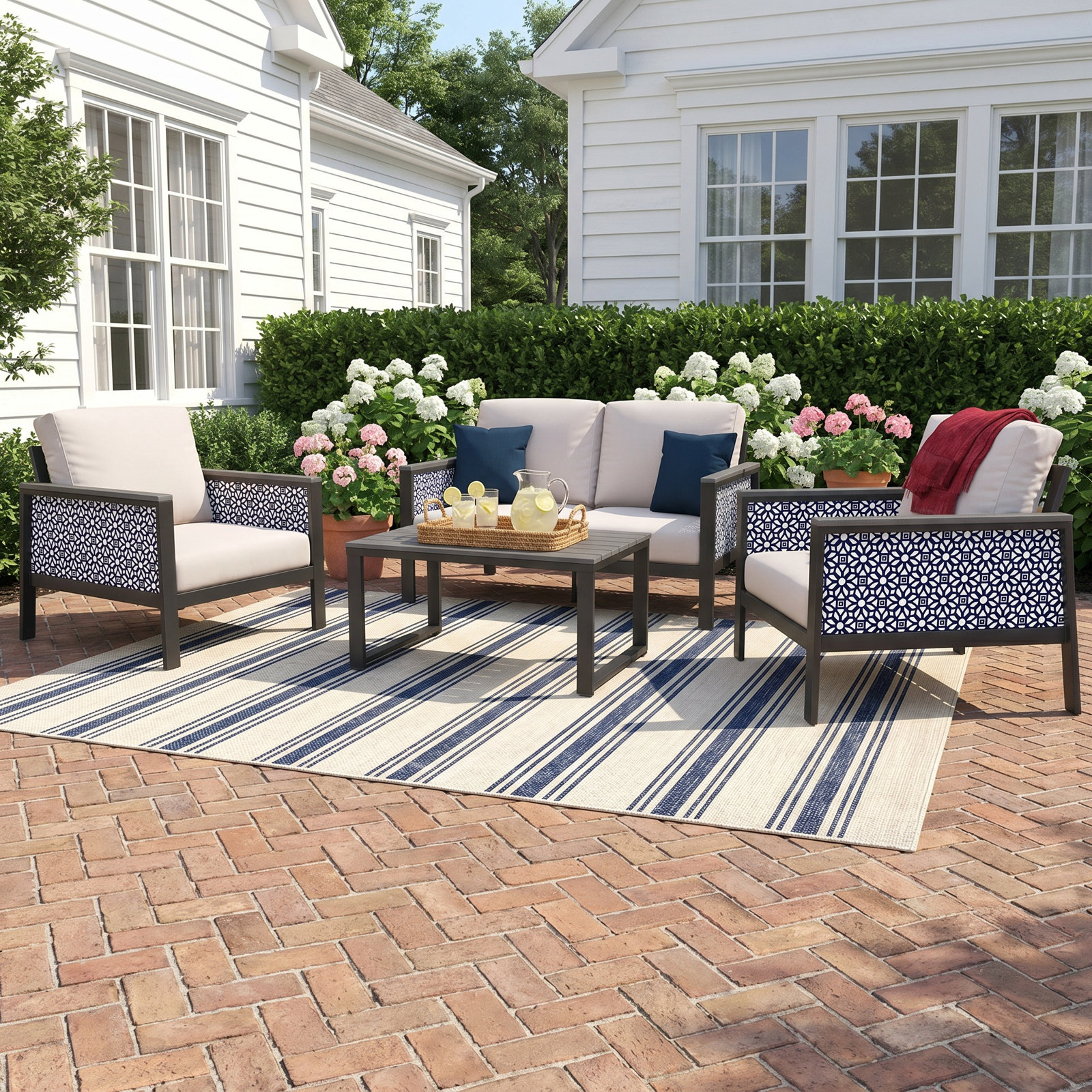 Townsend 4-Person Patio Seating Group, Canvas White/Lux Indigo Fabric