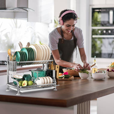 BOOSINY Dish Drying Rack for Kitchen Counter, 2 Tier Large Dish Drainer  with Drainboard Set, Cutlery Holder, Cutting Board Holder and Extra Dryer  Mat