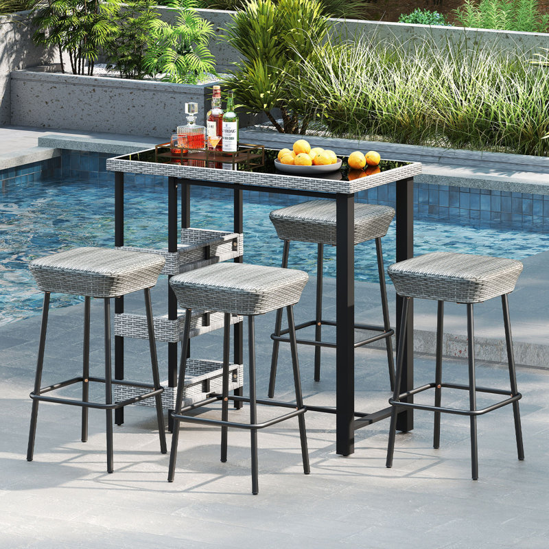 Ensemble de 2 tabourets de bar en métal 29,5 po avec siège et repose-pieds en rotin pour la cour, 2